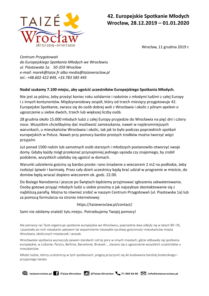 Nadal szukamy 7.100 miejsc, aby ugościć uczestników Europejskiego Spotkania Młodych