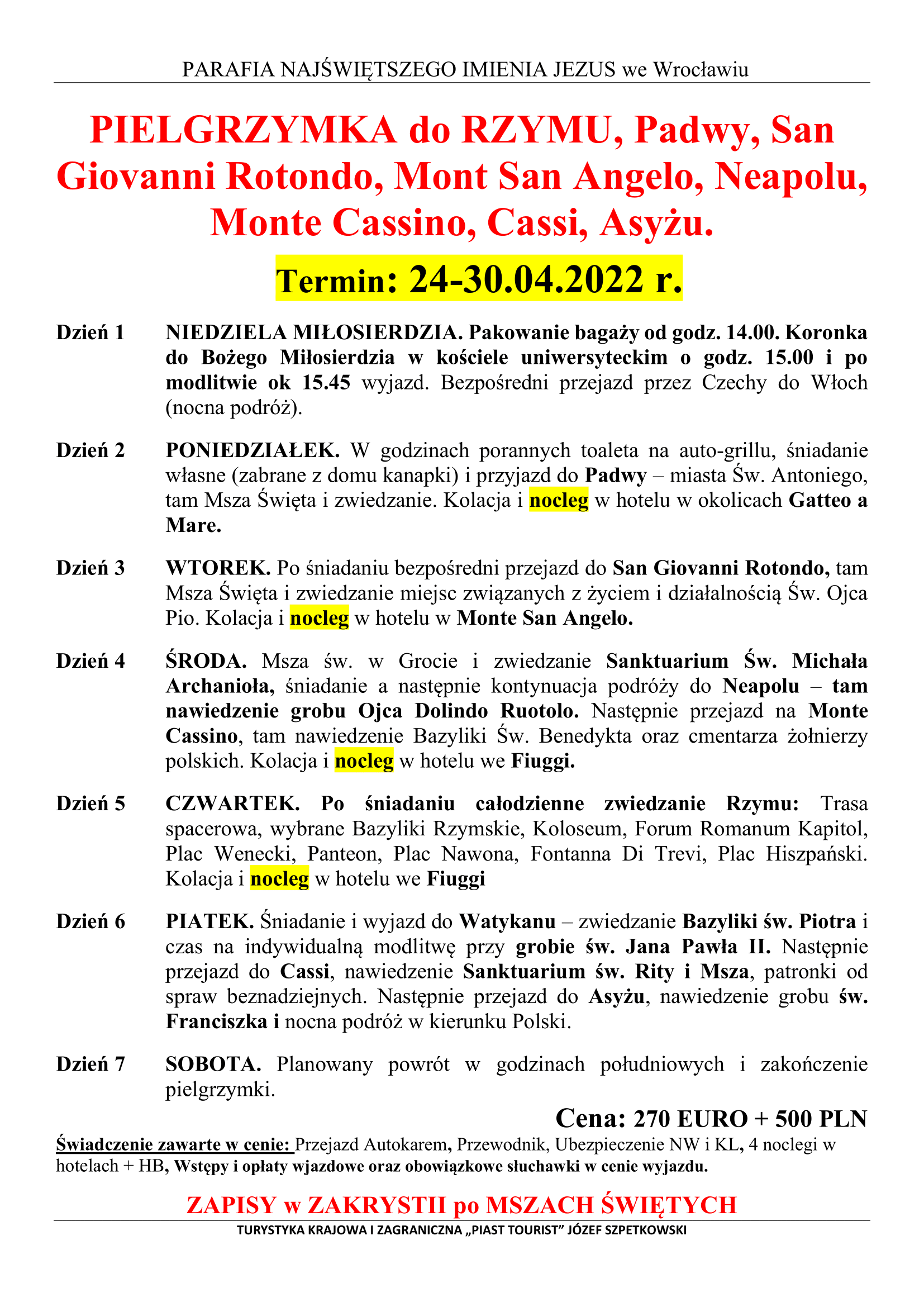 Pielgrzymka do Włoch, 24-30 kwietnia 2022